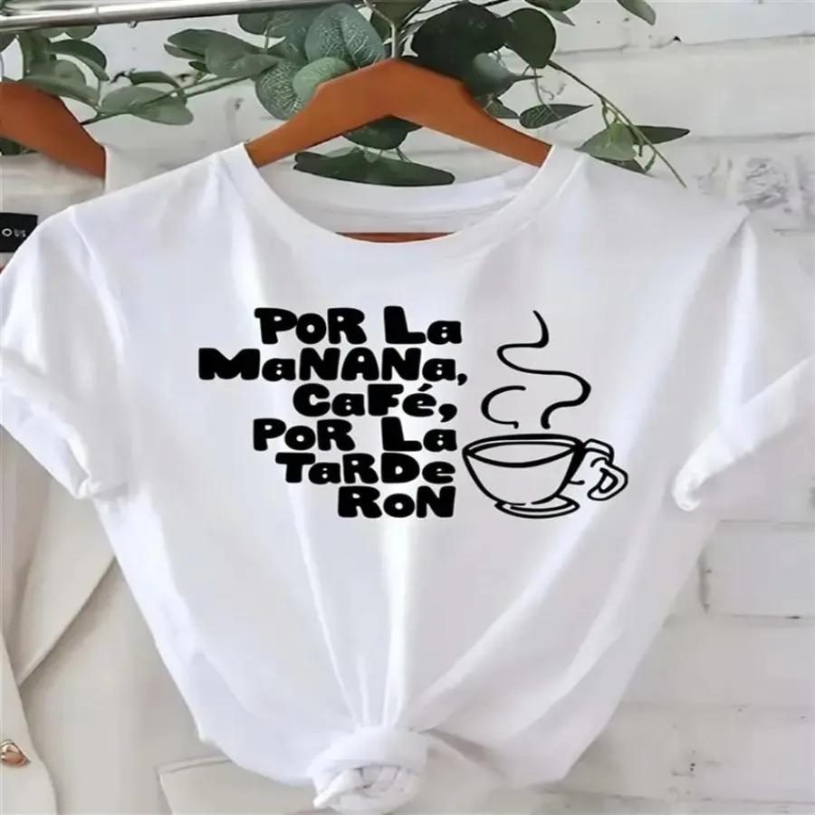 Women's Spanish Coffee Time Graphic T-Shirt - "Por La Maana Por La Tarde Por La Noche" Short Sleeve Crewneck Top With Coffee Cu-image