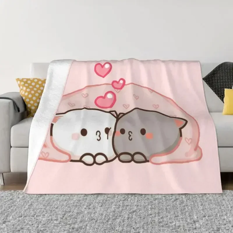 Cute Mochi Cat Peach And Goma Love Kiss Ultra-Soft Fleece Throw Blanket Warm Flannel Blankets for Bed Travel Couch Quilt