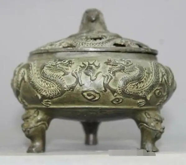 

Chinese Exquisitely carved Bronze Dragon Play Bead Incense Burner Statue