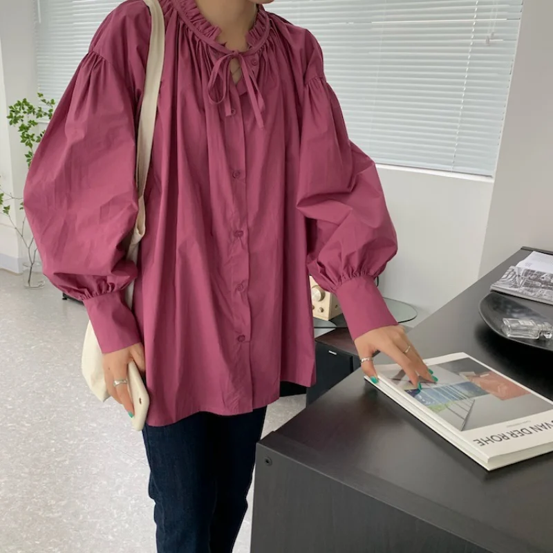 เสื้อเชิ้ตแขนทรงโคมไฟทรงหลวมผูกเชือกผูกเชือกคอกลมเรียบง่ายสไตล์เกาหลี