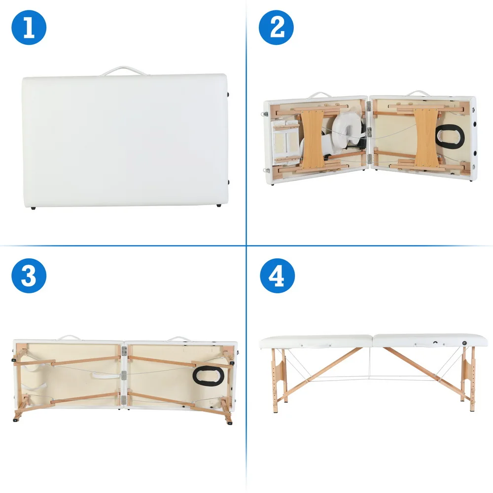 뷰티 마사지 테이블 침대 2 섹션 접이식 너도밤나무 다리 186x60x60CM 높이 조절 다목적 휴대용 화이트 [미국 재고]