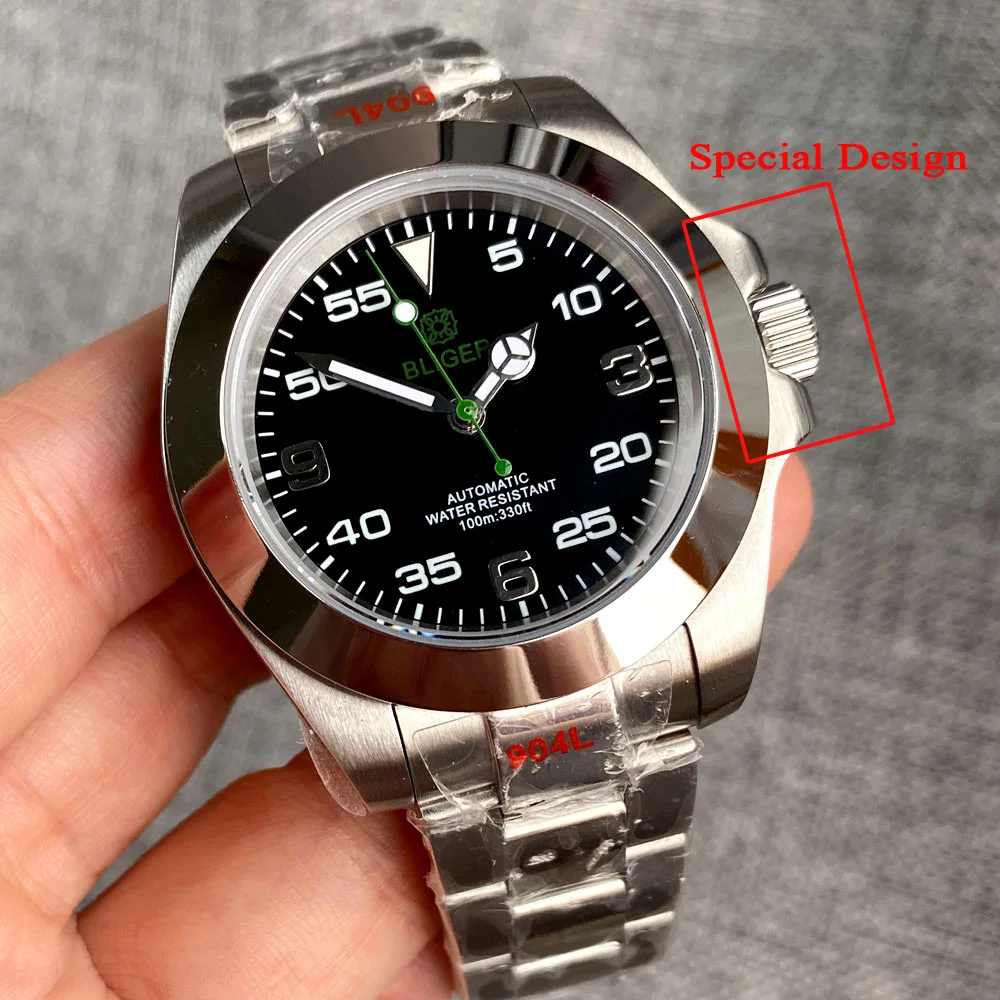 New BLIGER Air-King Polish Bezel Mechanical Watch Men Green/Red Hand NH35 movt 39MM Steel Case Glass Back 904L Bracelet Rejor