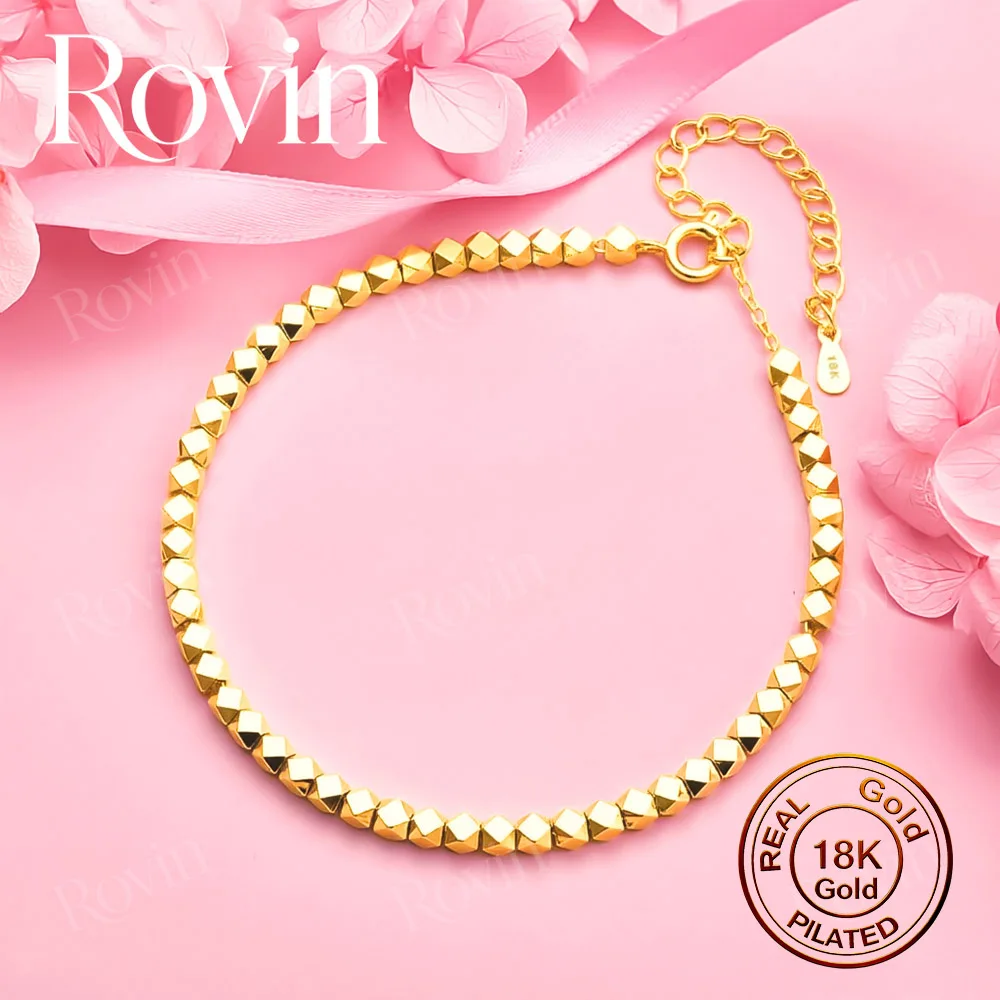 18K Gold 8-Inch Minimalist Diamond-Shaped Bead Bracelet – Women's Fashionable Wedding Jewelry Accessory