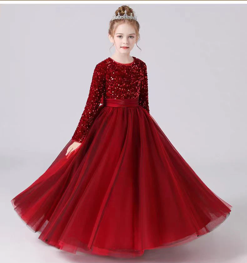 

Children's Dress Pompous Yarn Girls' High-end Princess Dress Burgundy Piano Test Performance Dress Girls' Host Dress Long Dress