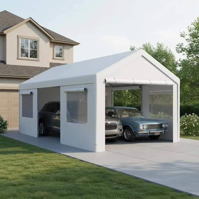 Robuste Carport-Markise 586 x 307,5 x 280 cm mit aufrollbaren, belüfteten Fenstern, abnehmbaren Seitenwänden und Türen, weiß