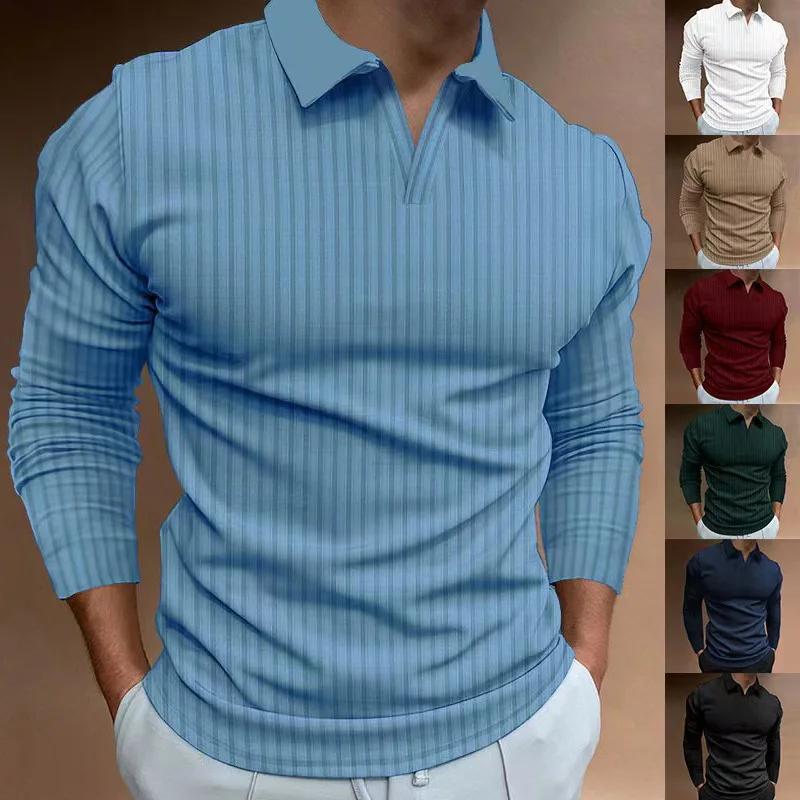 Men Long Sleeve Striped Knitted T-shirts Casual Male Stretch Elastic Stand Collar Tee Tops  LXDZ-KJ-P9-V