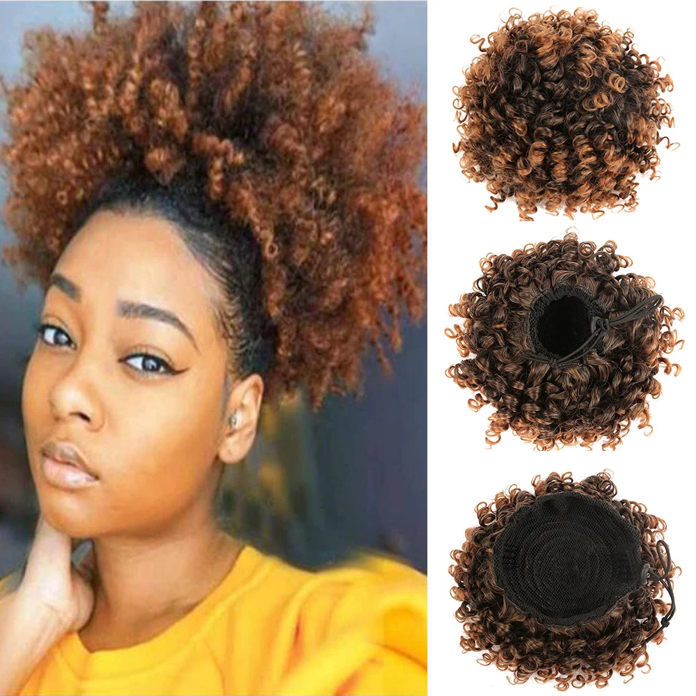 Synthetic Short Afro Puff Hair Bun Kinky Curly Drawstring Ponytail Booming Clip in Hair Extension Hairpieces For Black Women