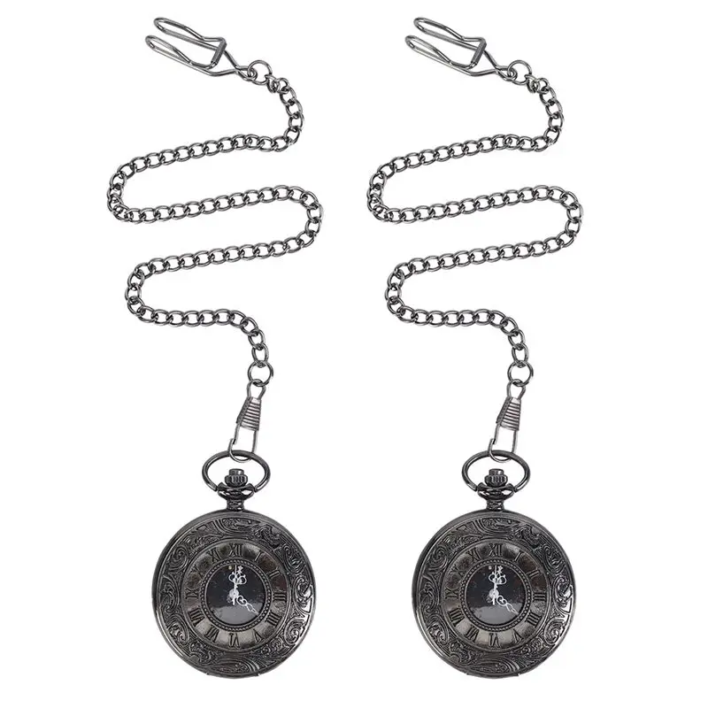 ABDD HOT  2 Pcs Vintage Steampunk Black Roman Numerals Necklace Quartz Pendant Pocket Watch Gift