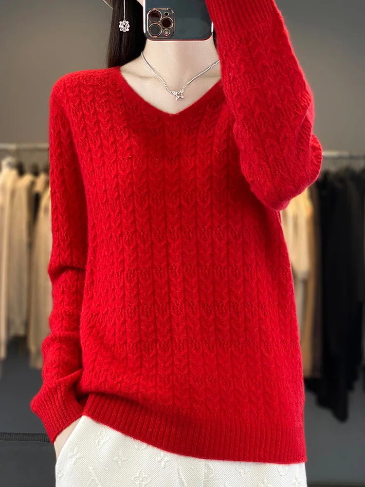 2024 Basics 100% Merino Wool Women Sweater Autumn Winter V-Neck Knitwear Striped Loose Pullover Long Sleeve Soft Cashmere Tops