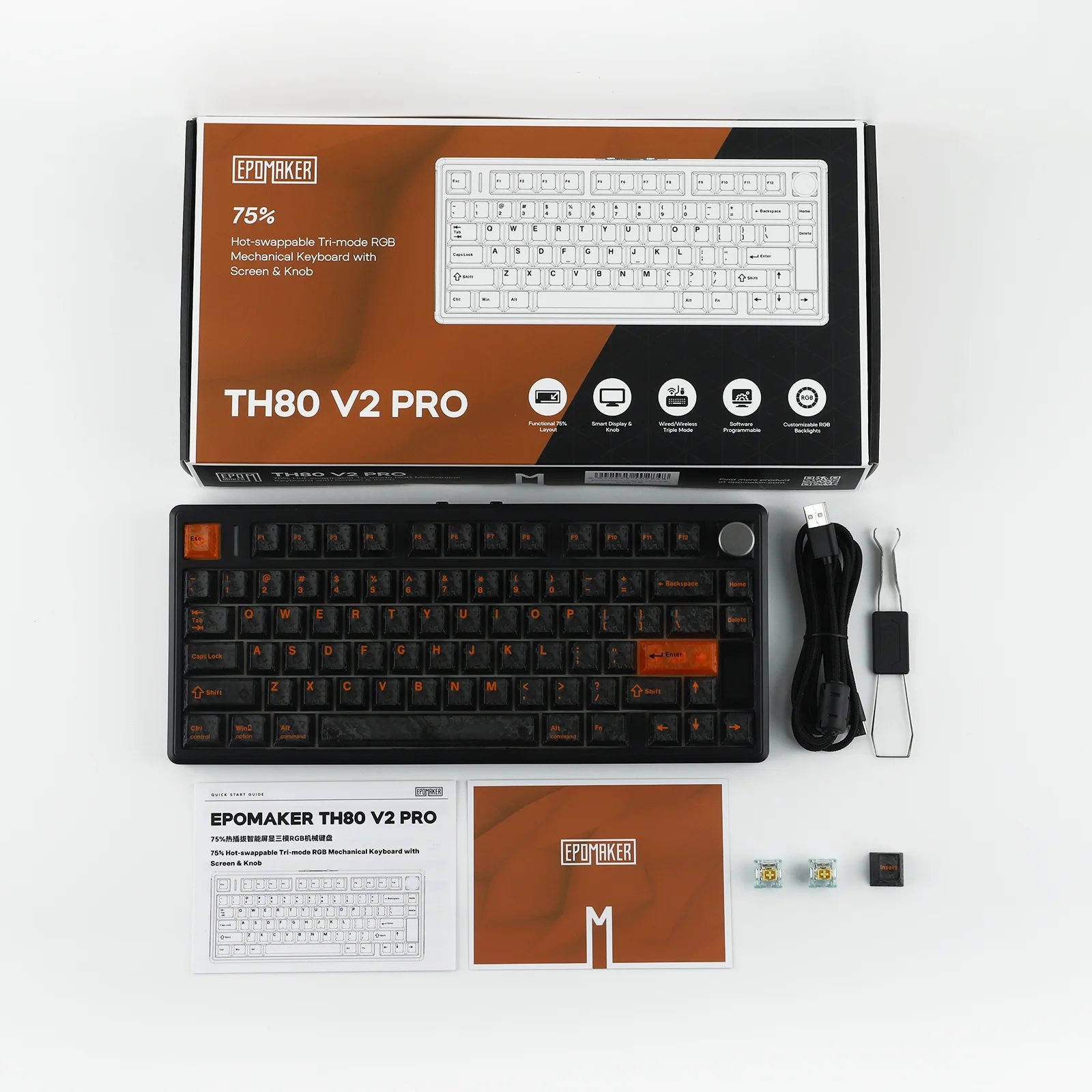 EPOMAKER TH80 V2 PRO 75% ANSI US 레이아웃 유선/블루투스/2.4Ghz 무선 기계식 게이밍 키보드 (스크린/노브 및 10000mAh 포함)