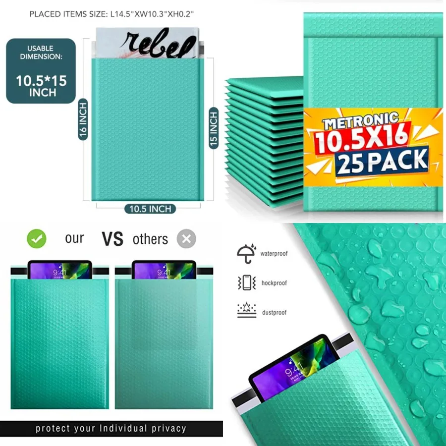 

10.5x16 Bubble Mailers 25pack, Bubble Mailer Usable Size 10.5x15, Waterproof Large Padded Envelopes, Self Adhesive Padde Mailer