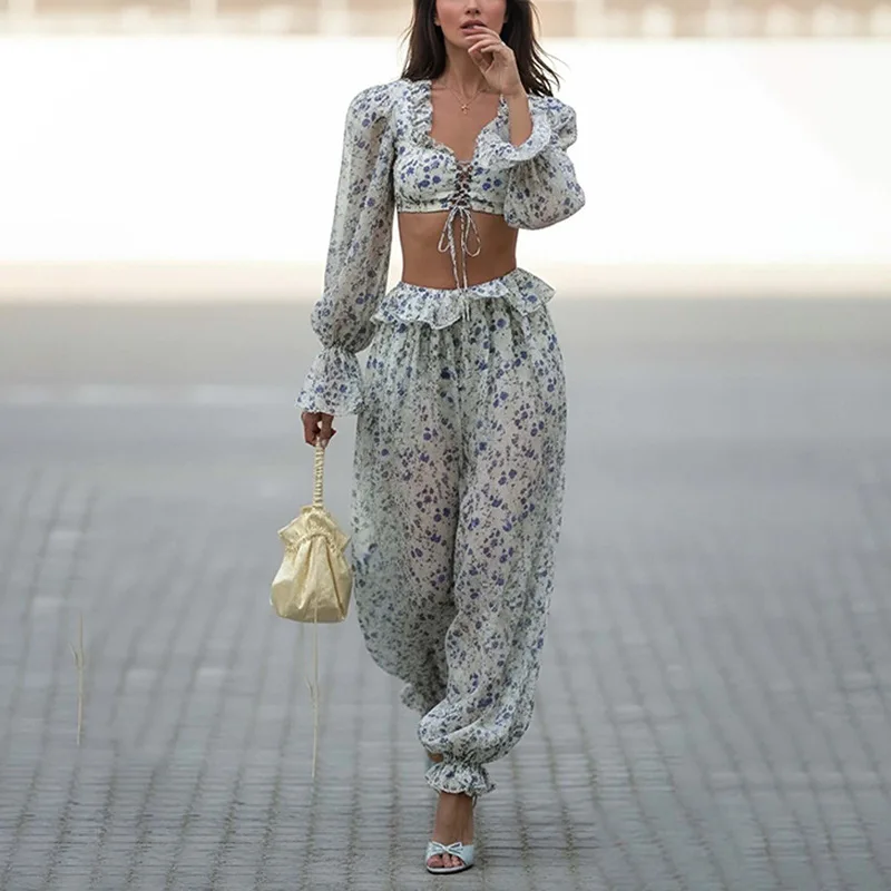Retro Printed Short Top Jogger Pants Set Women Sexy Ruffles Square Collar Lace Up Tops Loose Long Pants Set Lady New Chic Outfit