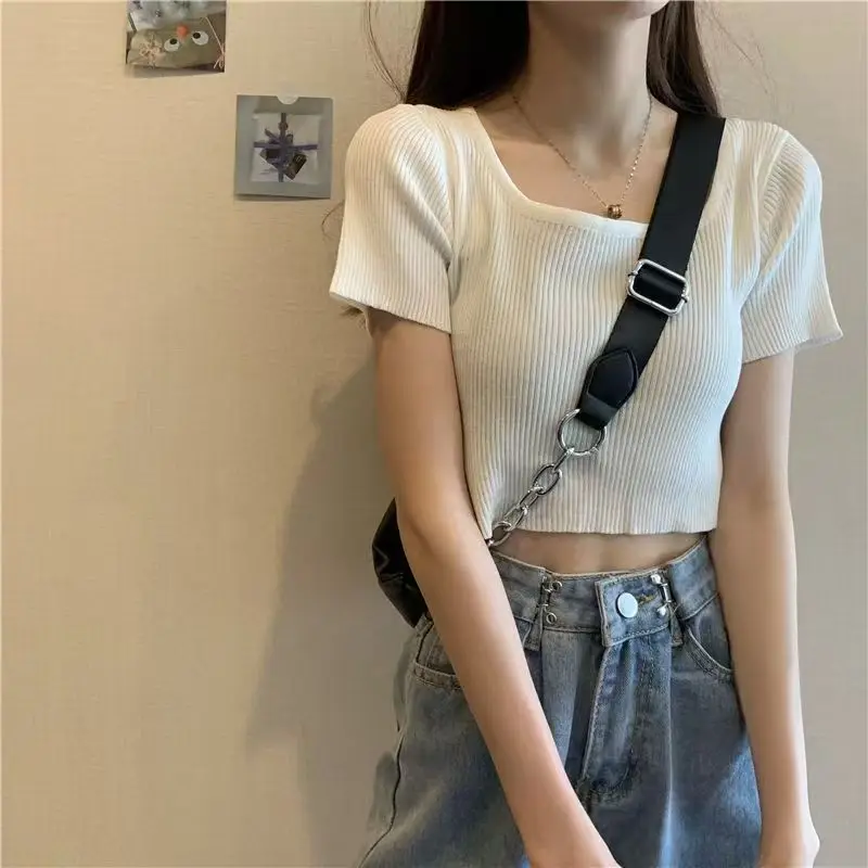 

Chic Ice Silk Knitted Short Sleeve T-Shirt Women's Summer New Style Korean Style Square Collar Spicy Girl Short Top Ins