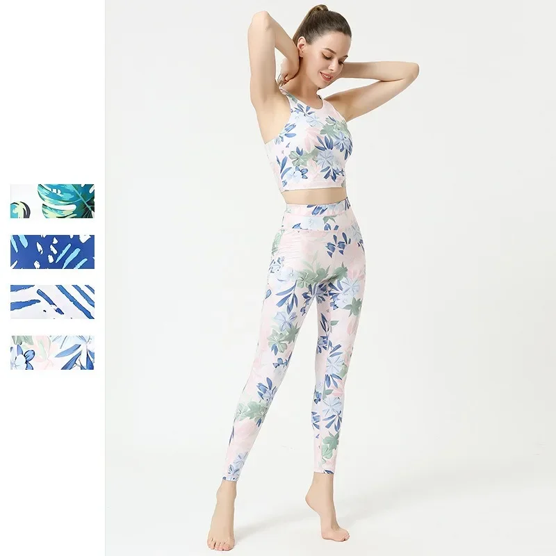 New yoga suit for women, quick drying, tight fitting printed yoga pants, beautiful back, sports vest, yoga fitness suit