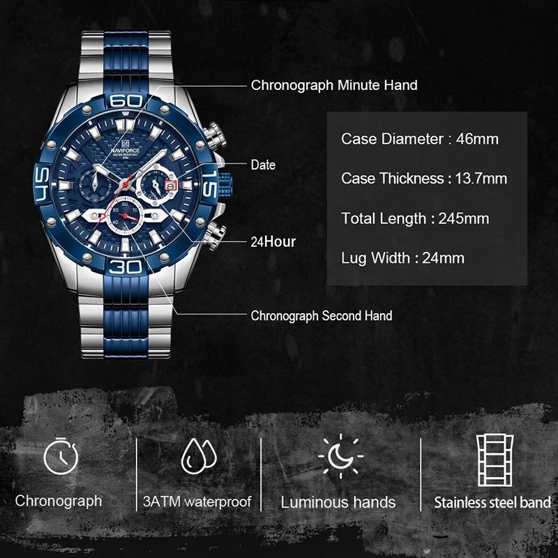 Quartz Watch For Men Classic Luxury Watch Brand Waterproof Clock Chronograph Sport Stainless Steel Men Watch Reloj Hombre NF8019