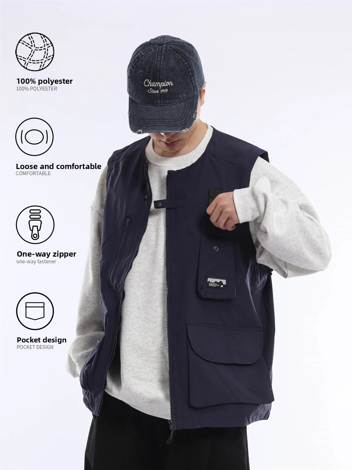 Retro Japanese Style Outdoor Workwear Vest Men's Loose Fit Quick Dry Multi-Pocket Autumn Season Youth Casual Zipper Closure
