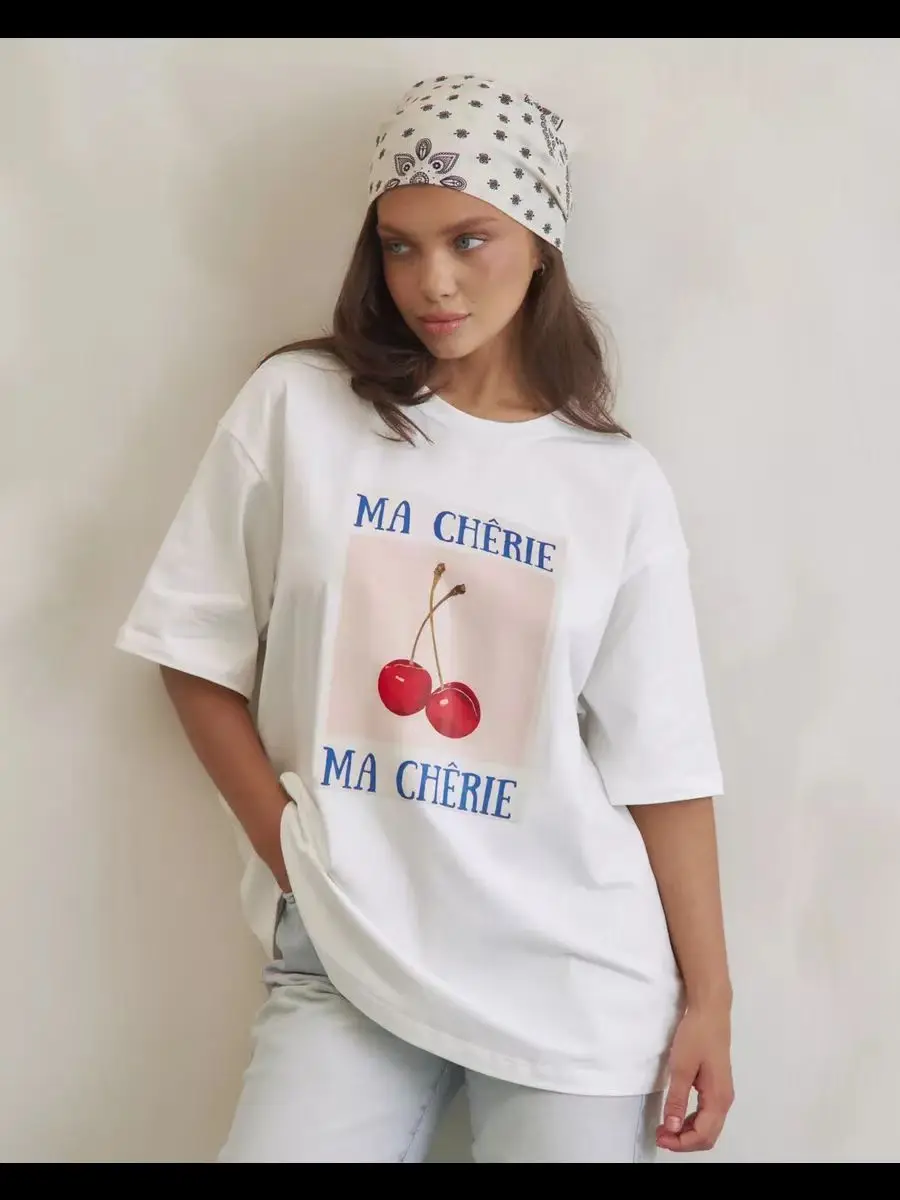 American Fashion Cherry Printed Oversized T Shirt for Women Casual Harajuku Streetwear T Shirt Short Sleeve O Neck Summer 2025