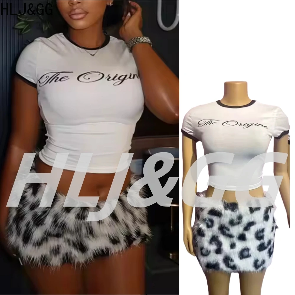 

HLJ&GG Summer New Y2K Letter Print Two Piece Sets Women O Neck Short Sleeve Slim Crop Top And Fur Mini Skirts Outfits Streetwear