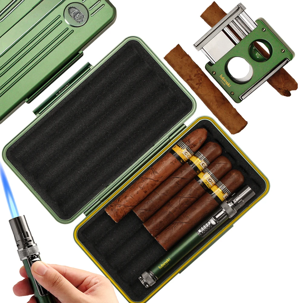 

LUBINSKI Humidor Cigar Case Metal Guillotine Cigar V Cutter Portable 1 Torch Lighter Cigar Set Luxury Smoking Tool