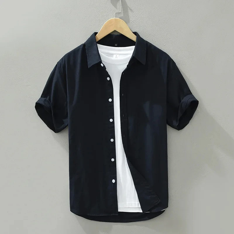 

2026 Summer New Simple Classic Pure Cotton Short Sleeve Shirts for Men Clothing Slim Turn-down Collar Streetwear