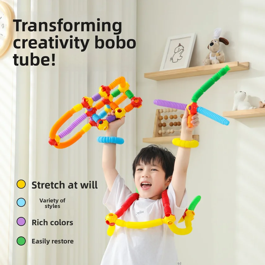 Building Block Pop Tubes: Versatile Wave Pattern Telescopic Tubes, Interlocking Educational Blocks, Children's Stress Relief Toy