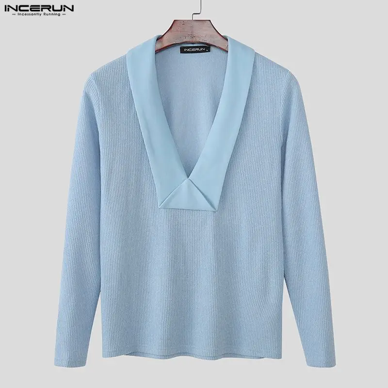

INCERUN Men T Shirt Deep V Neck Long Sleeve Patchwork Knitted Male Tee Tops Streetwear 2026 Korean Style Casual Men Clothing