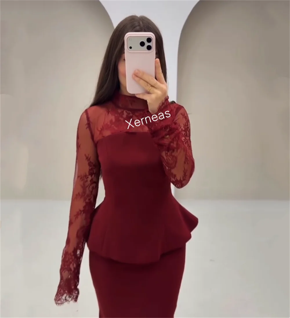 تخصيص جيرسي الدانتيل الطية عالية الياقة البوق فساتين طويلة مناسبة مخصصة أنيقة حفل زفاف مساء رسمي