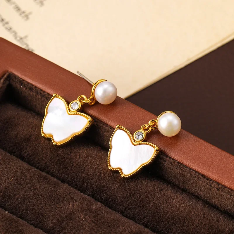 

Freshwater pearl women's high-end light luxury shell butterfly earrings