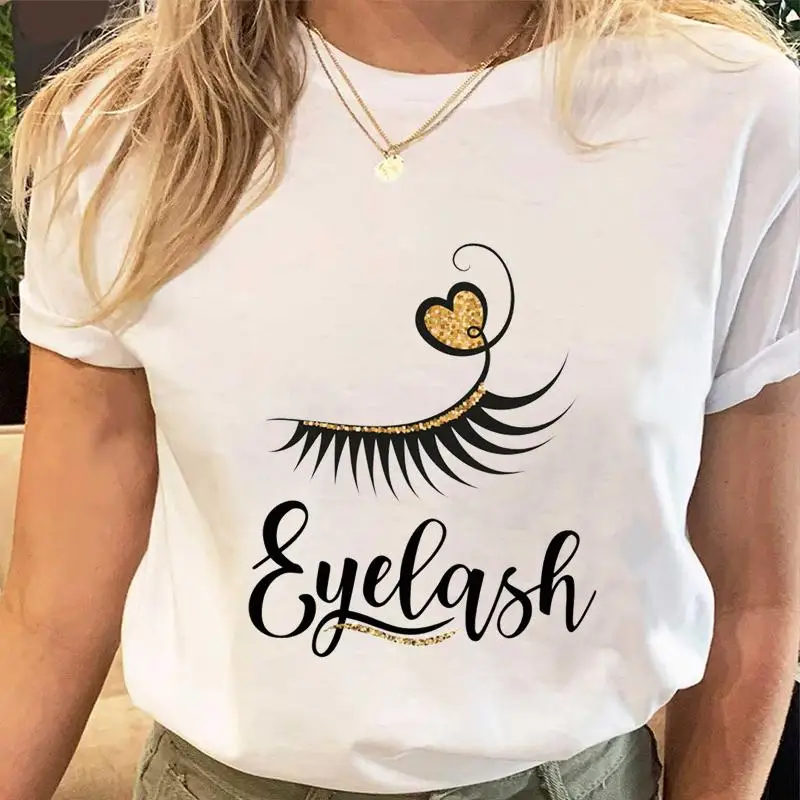 Women Love Make Up Eye Lashes Print Tees Tshirt Cartoon Female Clothes Short Sleeve Tops Print Ladies Fashion Graphic T-Shirt