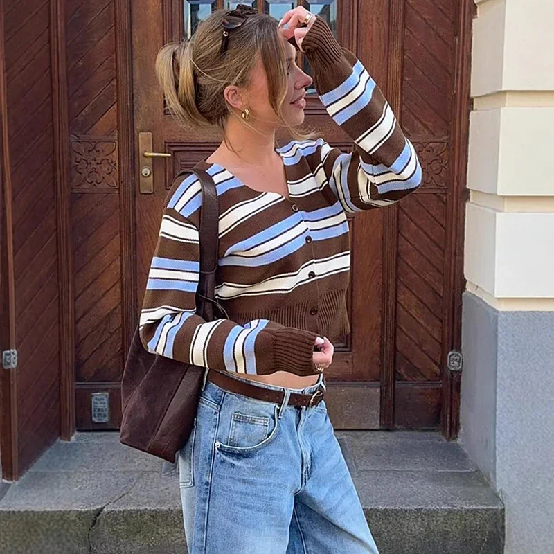 

Retro Stripe Sweater Cardigan Women's V Neck Single Breasted Waist-closing Knitted Top Female Slim Short Casual Outwear