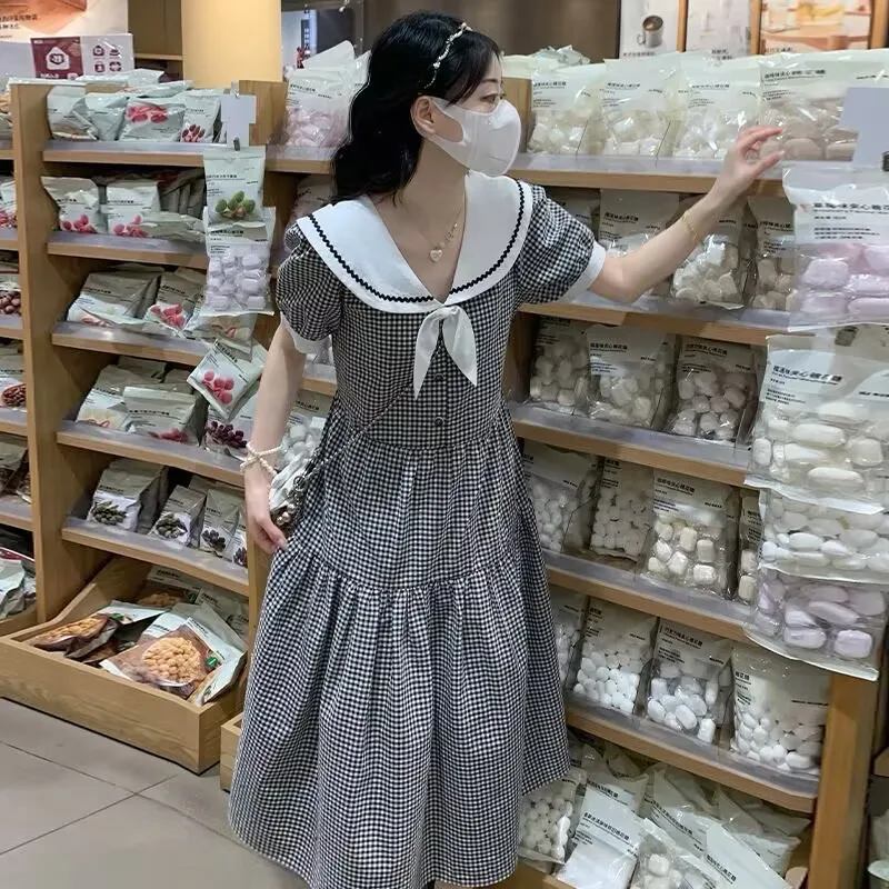 かわいいガールドレスルーズプラスサイズ学生カレッジスタイルガール甘いネイビーカラーオーバーニードレス夏の新しい Y2k ドレス