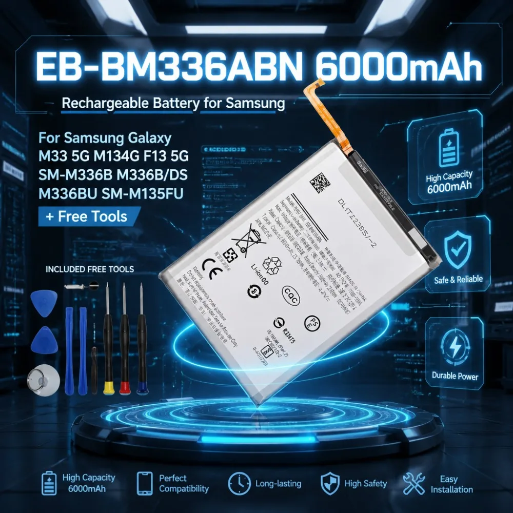 

In Stock EB-BM336ABN 6000mAh 3.8V Battery for Samsung Galaxy M33 5G M134G F13 5G SM‑M336B M336B/DS M336BU SM‑M135FU + Free Tools