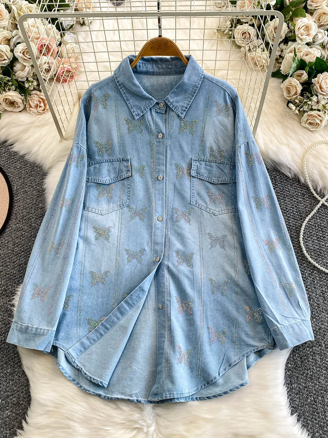 خريف وشتاء فريد من نوعه غير متكرر لتجنيد العمر بأزرار من قماش الدنيم Jaet للسيدات متعدد الاستخدامات ذو ملمس راقي من حجر الراين... #1