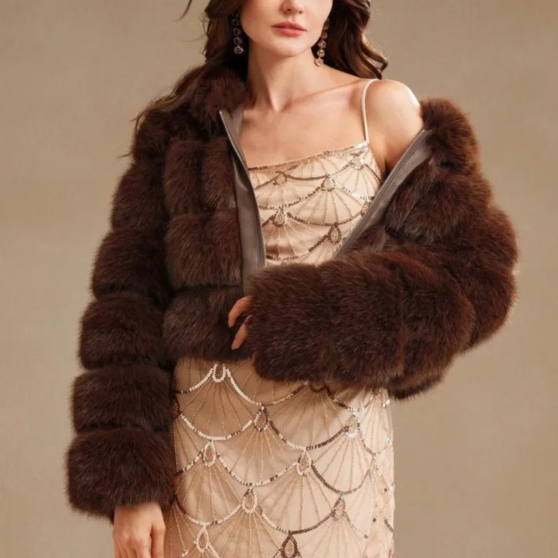 

2025 Korean Style Women's Faux Fur Coat Hooded Zip-up Blazer with Notch Collar Thickened Warm Winter Outwear Faux Fur Jackets