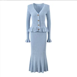 V-neck Elegance Dress Women's 2024 New Ruffle Edge Patchwork Knitted Fishtail Dresses