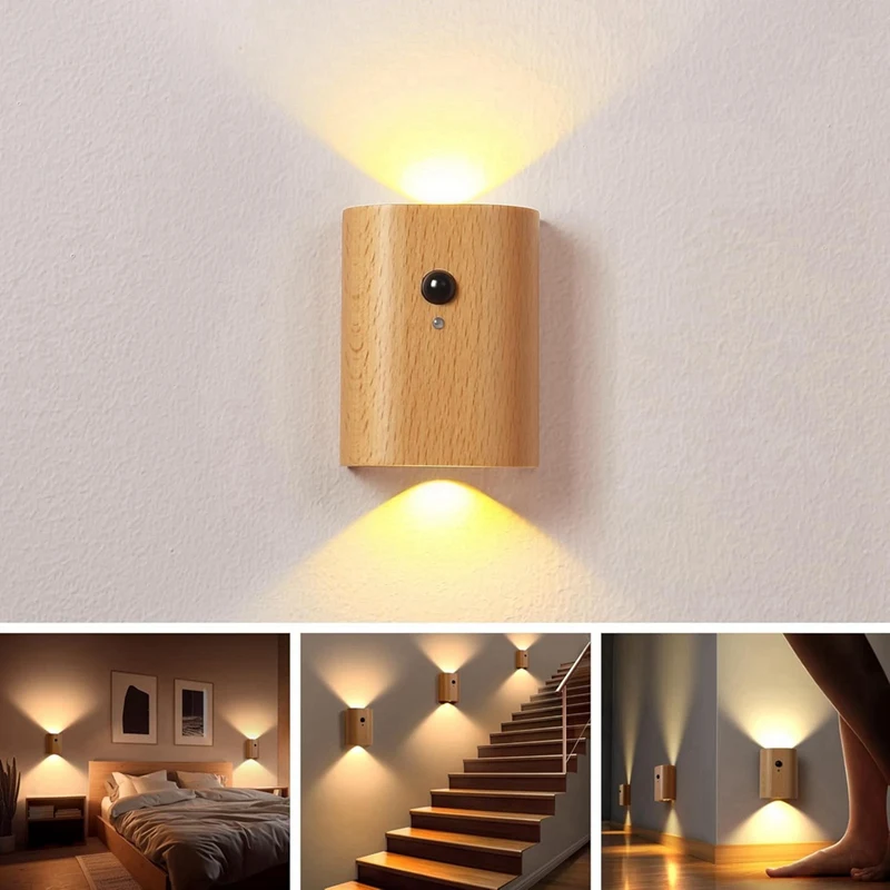 LED Wooden Table Lamp Human Body Sensing Infrared Night Light Motion Sensor Night Lights Rechargeable Sconces Wall Light B