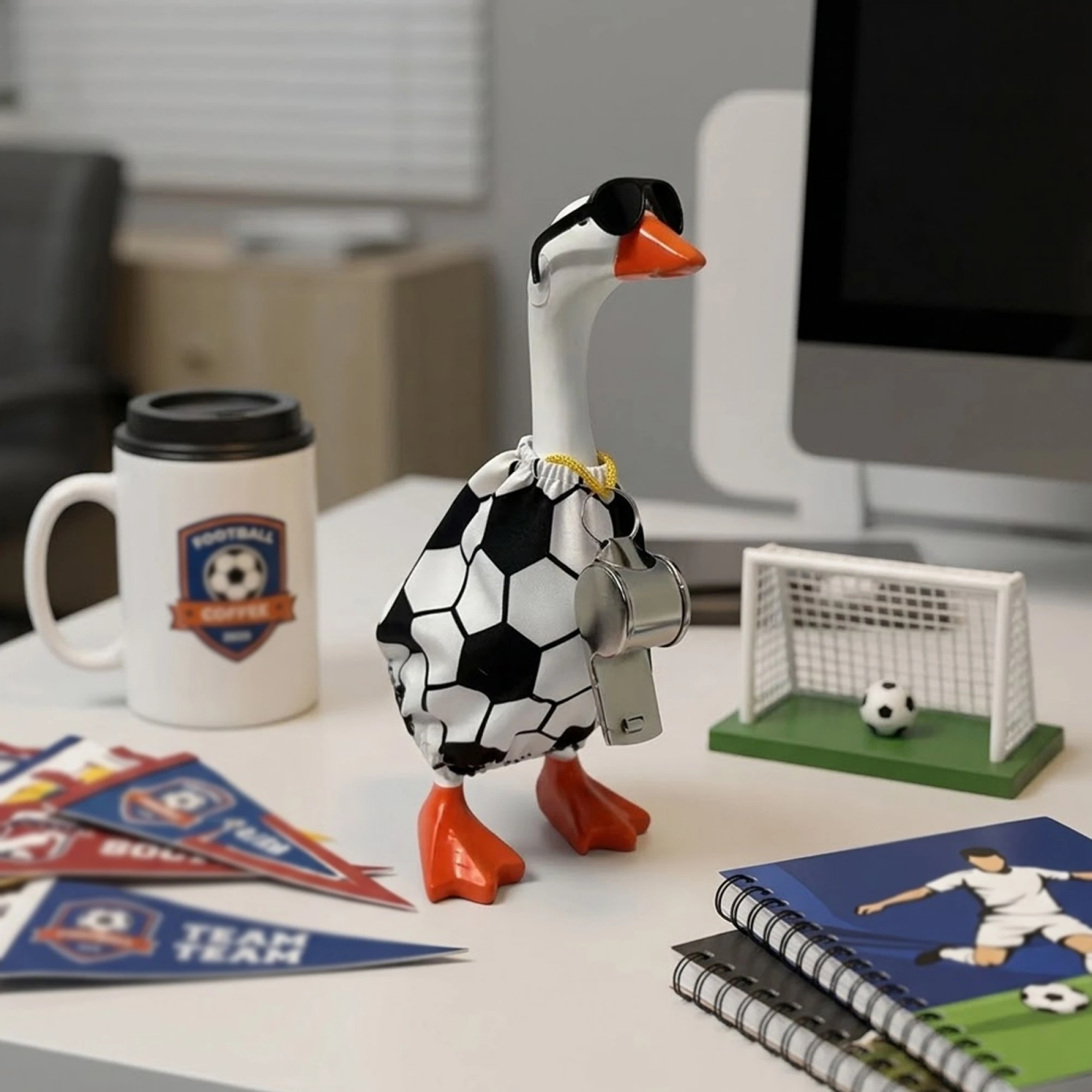 7 inch Desk Goose Outfits Soccer Ball Shirts and Sunglasses Whistle Set for Mini Goose Statue Decor