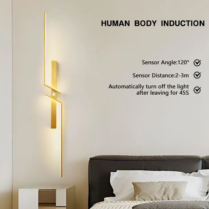 Indoor Induction LED Wall Lights Bedroom Bedside PIR Motion Sensor LED Wall Lamps Wall Sconce for Corridor Aisle Black Gold