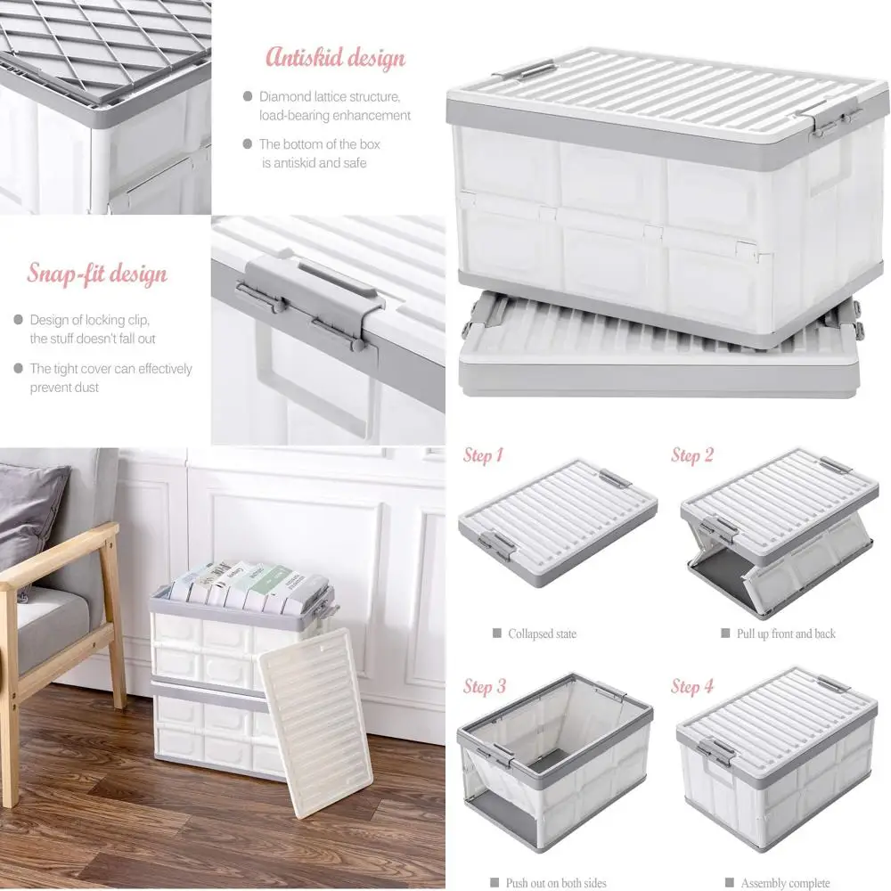 

30L Collapsible Plastic Storage Bins with Lids, 2-Piece Stackable Crates for Home & Garage, Oyster White
