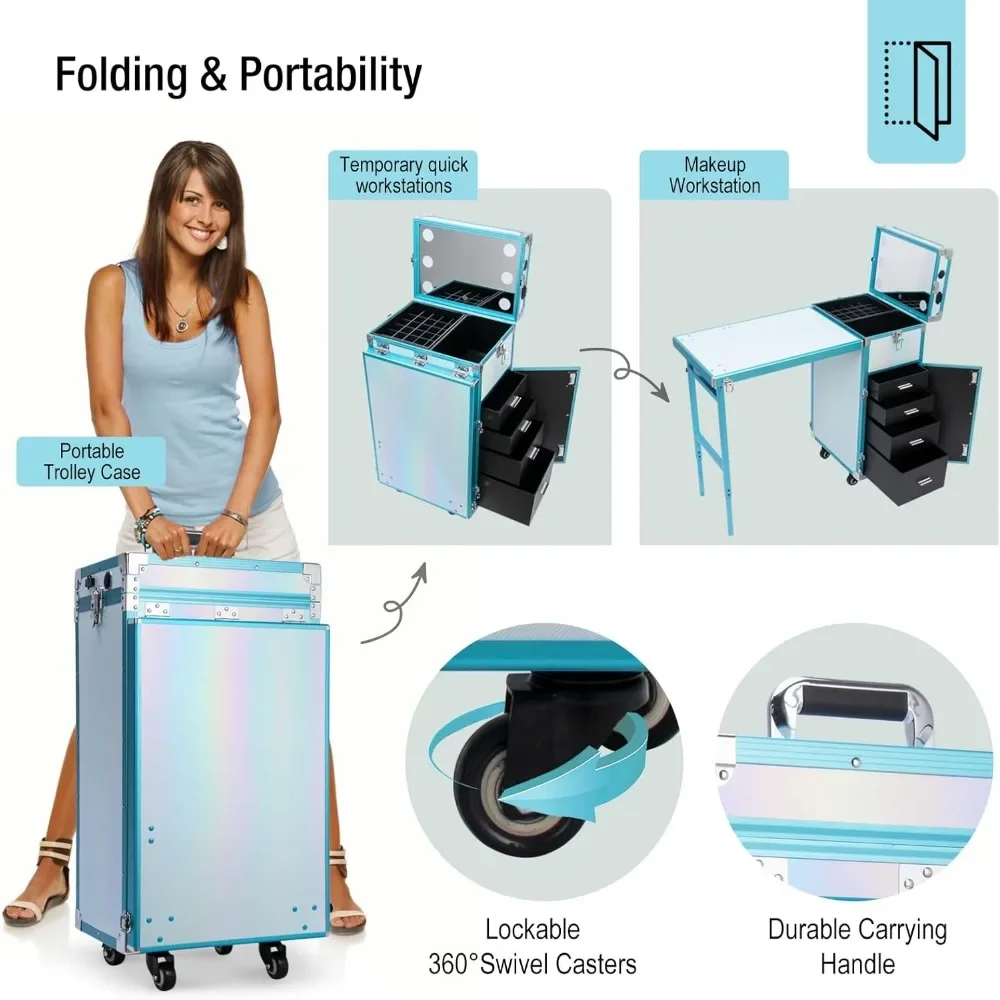 Rolling Manicure Table com alto-falante, Estação de maquiagem, Nail Desk portátil para Nail Teach, Foldable Traveling Organizer Cart