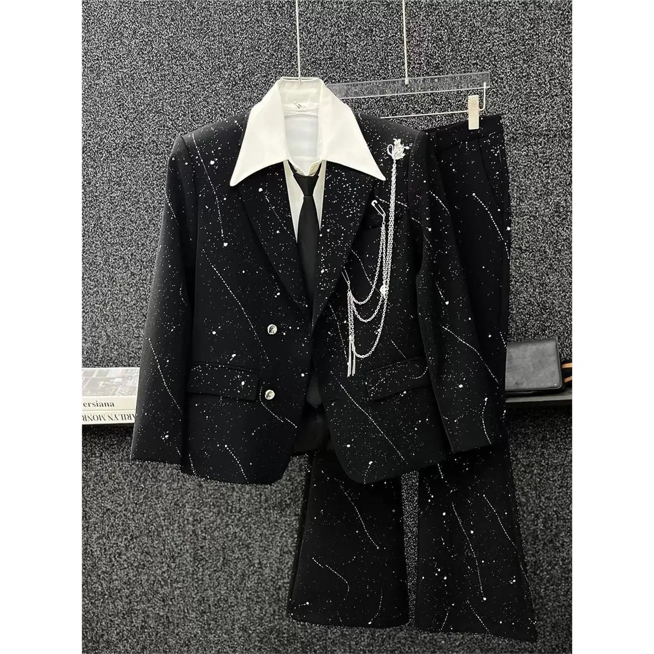 

Metal Chain Shoulder Padded Men's Suit Set High-End Fashion Youthful Style Spring Autumn Standard Fit No Button Fastening