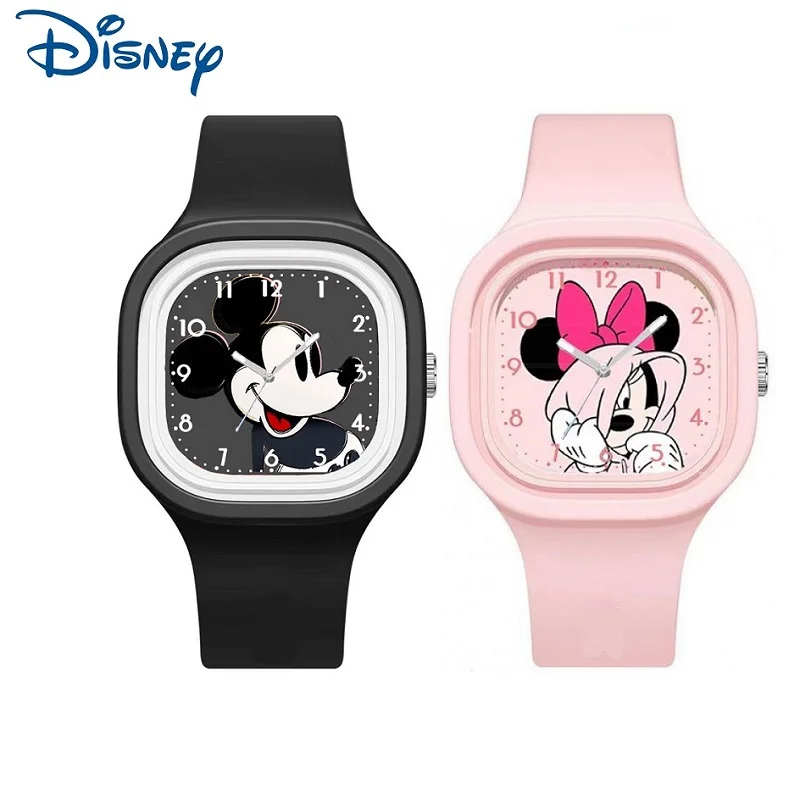 Disney For Children Watch Mickey Minnie Mouse Stitch Cartoon Square Quartz Wristwatch Boy Girl Student Silicone Luminous Relogio