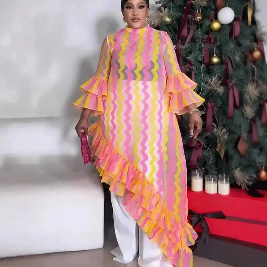 

Plus-size Women's Dress With Wave Pattern, Sheer Ruffle Trim, Bell Sleeves, Figure-flattering And Waist-cinching, Personalized