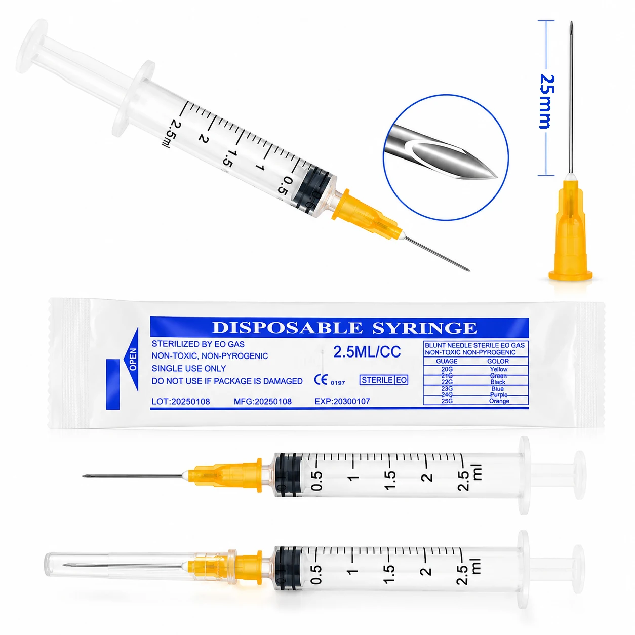 100Pcs 2.5ml/cc Small Disposable Syringe With 25G 25mm Needle Sterile Individually Packed For Industrial Dispensing, Lab Use