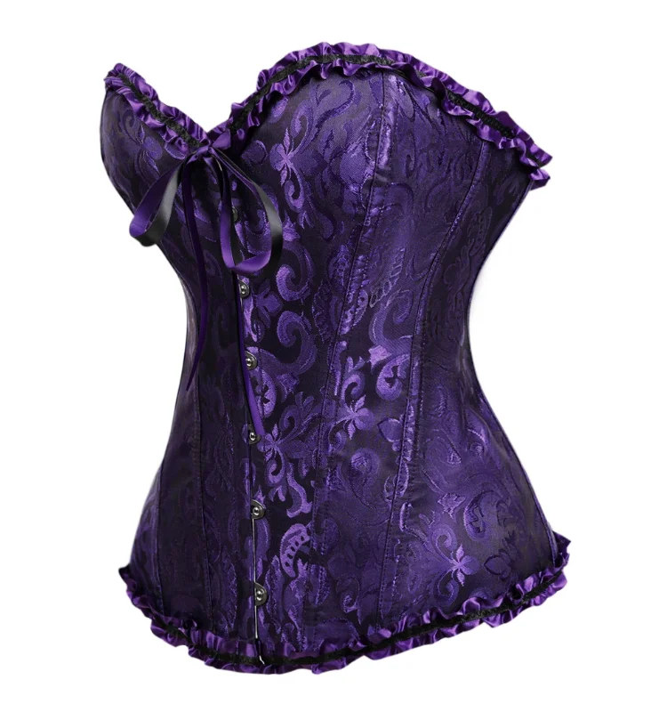 Damen-Overbust-Korsett, Vintage-Jacquard, Rüschen, Schleife vorne, Busk hinten, Schnürung, Taillenformer, Freizeit-, Party- und Alltagskleidung – Detail 23