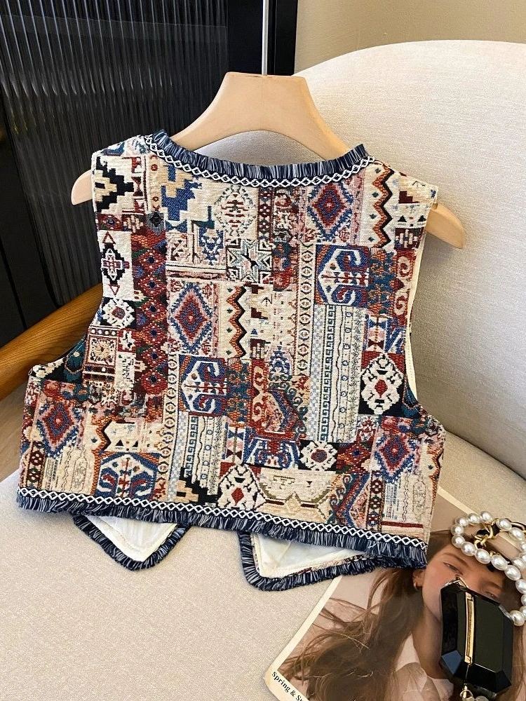 Gilet Jacquard géométrique bohème pour femmes, avec bordure à franges, flair marocain, haut court sans manches de voyage pour la prairie, pour le style ethnique