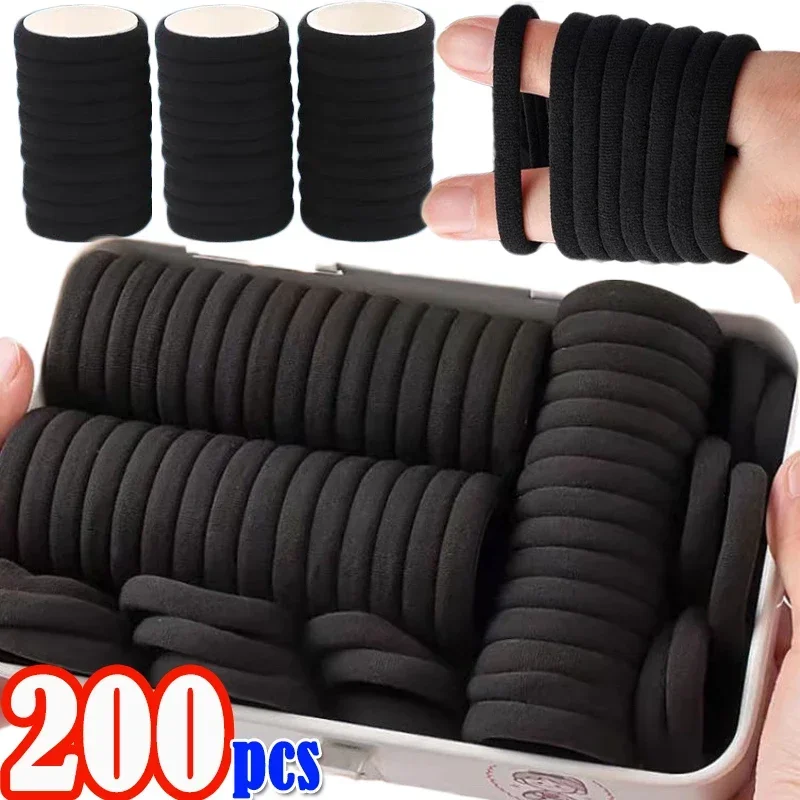 200pcs Black Hair Bands for Women Girls Hairband High Elastic Rubber Band Hair Ties Ring Ponytail Holder Scrunchies Accessorie