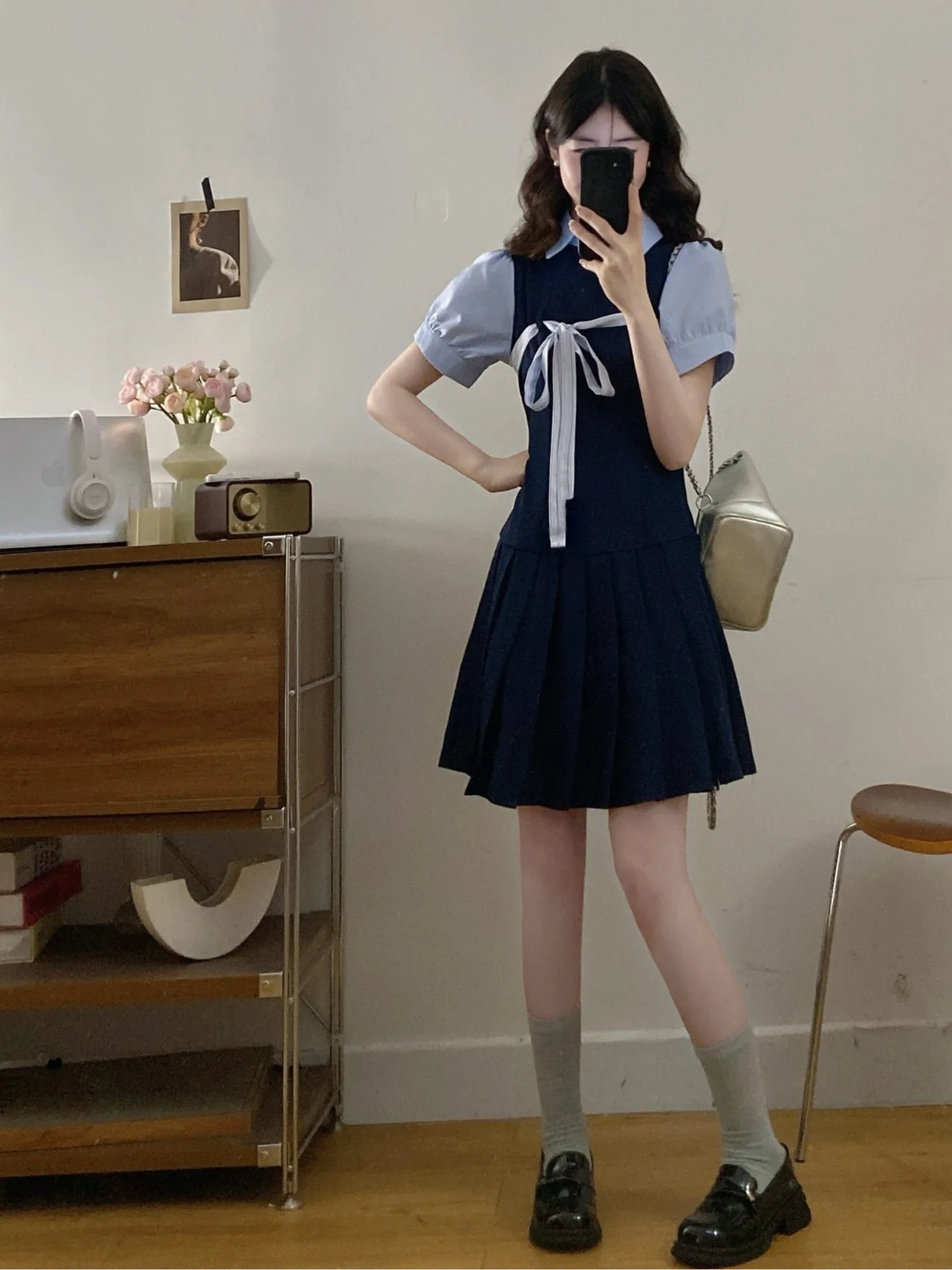 

plus Size A-Line Dress Summer New Style Waist-Cinching Slimming Design Short-Sleeved School Style Fake Two-Piece Dress