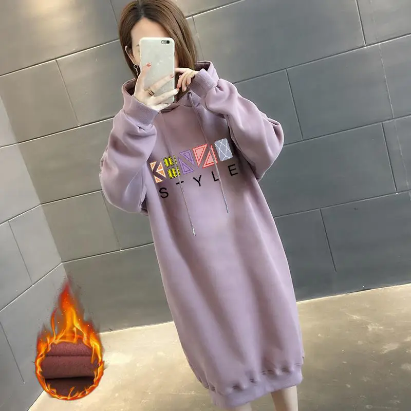 New Autumn Winter Women Fleece Hoodies Casual Print Sweatshirt Korean Style Long Sleeve Hooded Female Mid-length Pullovers Tops