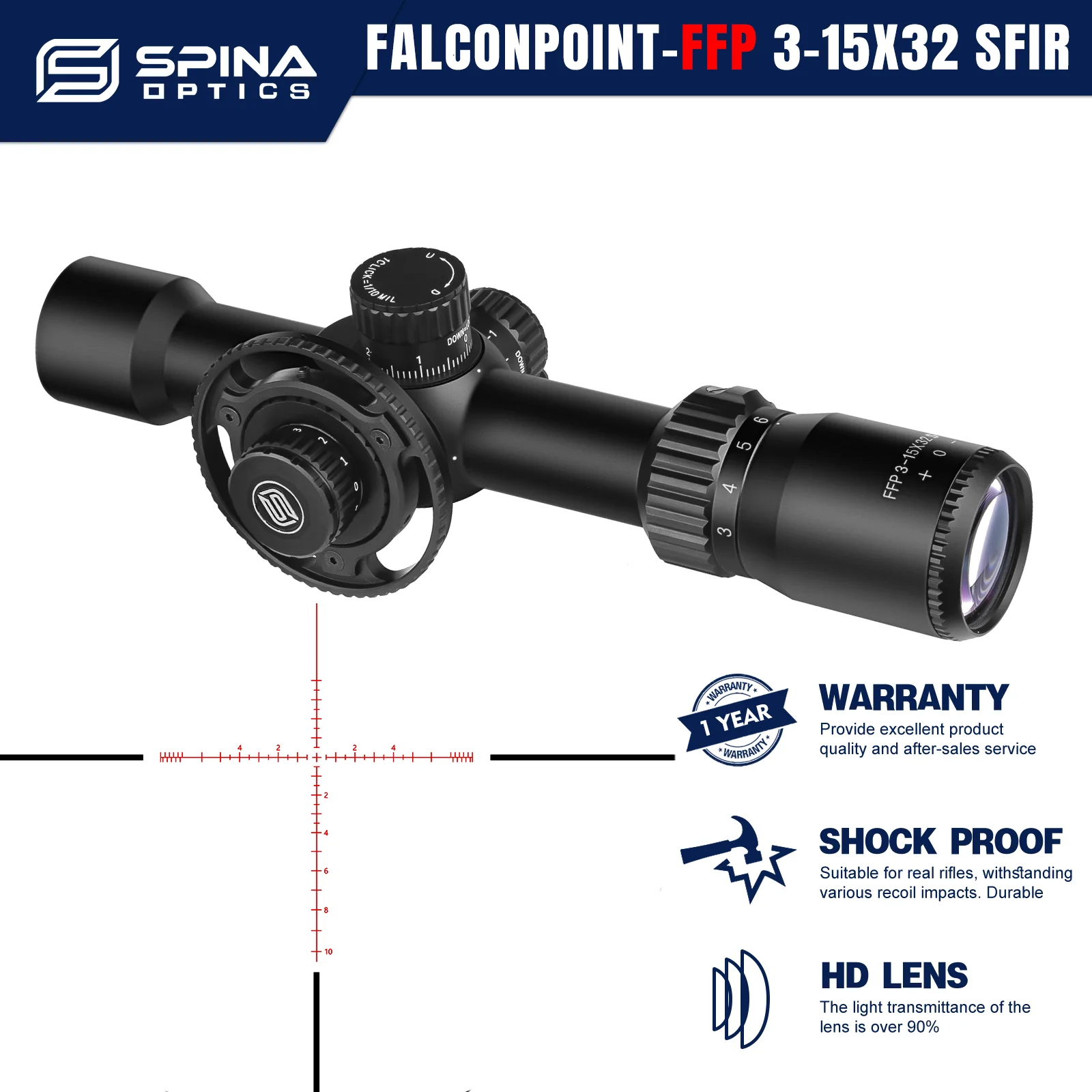 

SPINA OPTICS FalconPoint 3-15x32 FFP Scope Parallax 5 yds to Infinity Resettable Locking Turret Tactical Hunting Sight .308.338